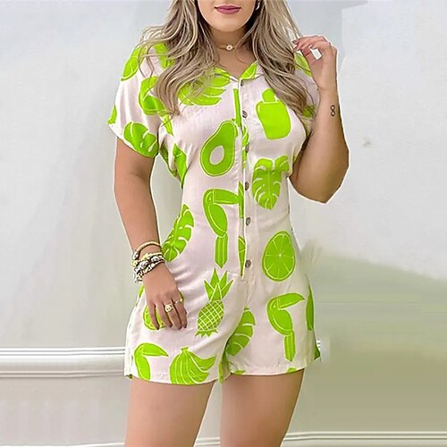 

Women's Romper Button Print Floral Shirt Collar Streetwear Street Daily Regular Fit Short Sleeve Green S M L Spring