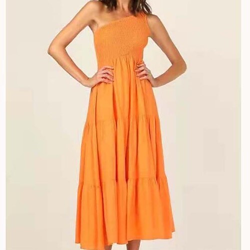 

Women's Sheath Dress Midi Dress Orange Sleeveless Pure Color Ruched Spring Summer Off Shoulder Casual Vacation 2022 S M L