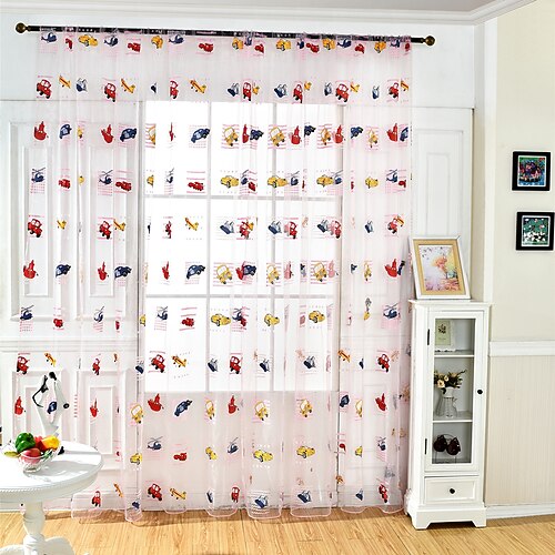 

1 Panel Cartoon Sheer Curtain for Bedroom/Living Room Semi Transparent Farmhouse Window Net Panels with Rod Pocket