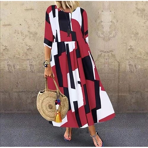 

Women's Shift Dress Maxi long Dress Red Navy Blue Half Sleeve Geometric Print Spring Summer Round Neck Casual 2022 S M L XL XXL 3XL