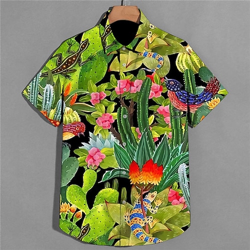 

Men's Shirt Print Floral Plants Cactus Turndown Street Casual Button-Down Print Short Sleeve Tops Casual Fashion Designer Breathable Green