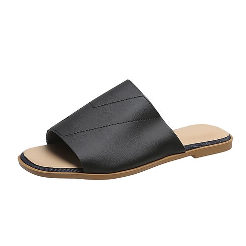 

Women's Slippers Flat Heel Peep Toe PU Leather Loafer Fall Summer Solid Colored Dark Brown White Black