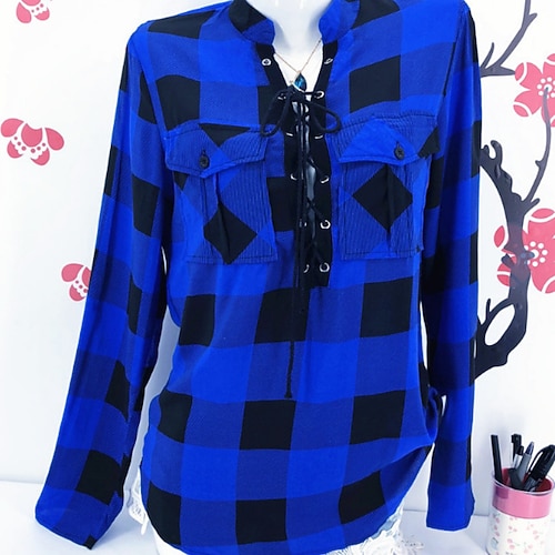 

Women's Plus Size Tops Blouse Shirt Plaid Pocket Long Sleeve Shirt Collar Streetwear Daily Vacation Polyester Fall Winter Green Blue