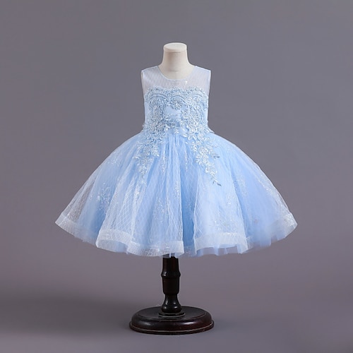 

Kids Girls' Dress Flower Tulle Dress Midi Dress Party Mesh Sleeveless Elegant Dress 4-12 Years Spring Light Blue White