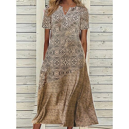 

Mujer Vestido Midi Marrón Manga Corta Geométrico Frunce Primavera Verano Escote en Pico 2022 S M L XL XXL 3XL