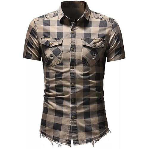 

Men's Shirt Plaid Turndown Street Casual Button-Down Short Sleeve Tops Casual Fashion Breathable Comfortable Green Khaki Red