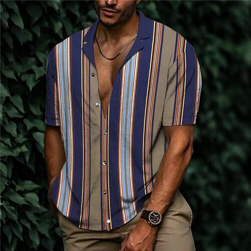 

Men's Shirt Print Striped Turndown Street Casual Button-Down Print Short Sleeve Tops Casual Fashion Designer Breathable Blue / Spring / Summer