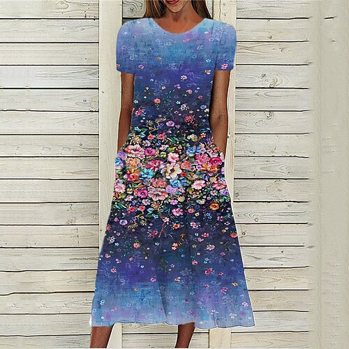 

Women's A Line Dress Midi Dress Blue Short Sleeve Floral Pocket Print Spring Summer Round Neck Stylish Casual Modern 2022 S M L XL XXL 3XL