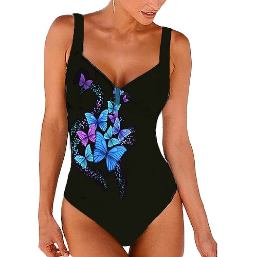 

Women's Swimwear One Piece Monokini Bathing Suits Plus Size Swimsuit Tummy Control High Waisted for Big Busts Butterfly Black Padded V Wire Bathing Suits Sports Vacation Sexy / Strap / New / Strap
