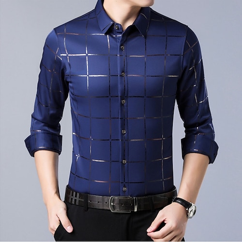 

Per uomo Camicie Camicia con bottoni Camicia con colletto Camicia in raso di seta Nero Blu marino Blu Manica lunga Scozzese Collo ripiegabile Estate Primavera Matrimonio Feste Abbigliamento Bottone