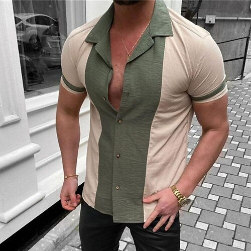 

Men's Shirt Color Block Turndown Street Casual Button-Down Short Sleeve Tops Casual Fashion Streetwear Cool Green Khaki Yellow