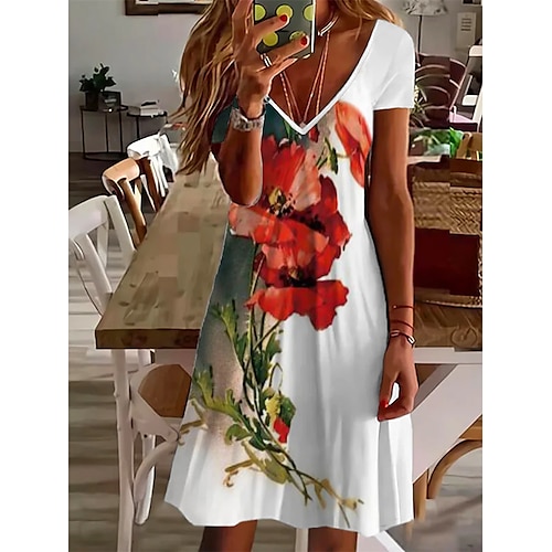 

Women's A Line Dress Knee Length Dress White Short Sleeve Floral Print Spring Summer V Neck Basic 2022 S M L XL XXL 3XL / 3D Print