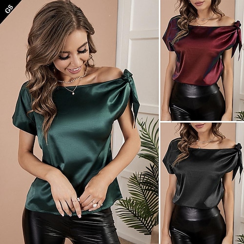 

2022 european and american foreign trade cross-border summer pullover bow one-word neck solid color simulation silk ol commuter short-sleeved top