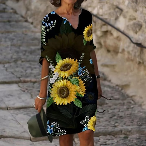 

Women's Casual Dress Knee Length Dress White Black Purple Red Yellow Half Sleeve Floral Butterfly Animal Print Spring Summer V Neck Casual 2022 S M L XL XXL 3XL