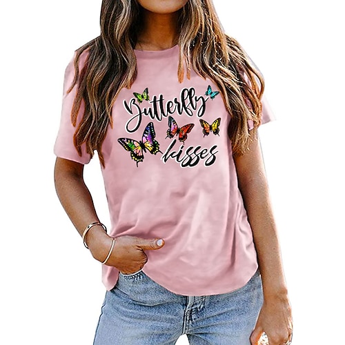 

Women's Butterfly T shirt Graphic Butterfly Letter Print Round Neck Basic Tops Green Blue White