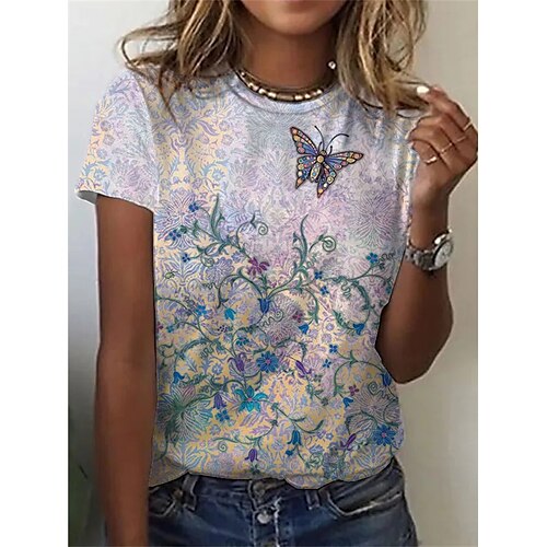 

Women's T shirt Floral Butterfly Patchwork Print Round Neck Basic Tops Rainbow / 3D Print