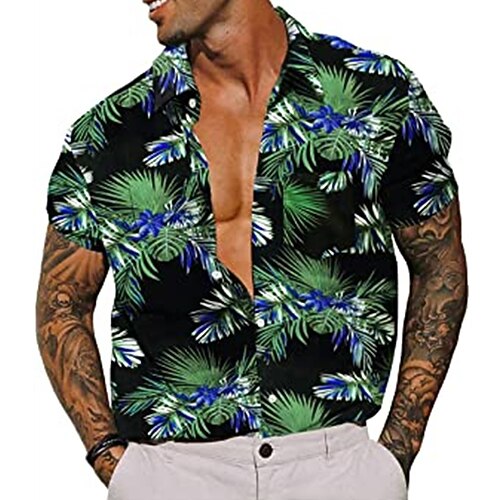 

Men's Shirt Print Leaves Turndown Street Casual Button-Down Short Sleeve Tops Casual Fashion Breathable Comfortable Green Purple Yellow