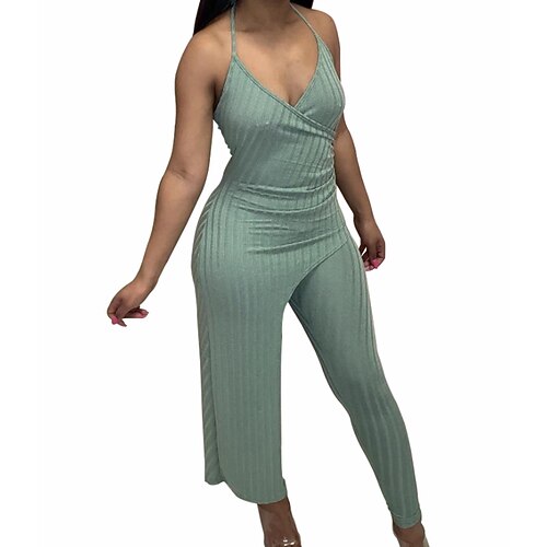 

Women's Jumpsuit Backless Solid Color Halter Neck Holiday Daily Holiday Regular Fit Sleeveless Light Green Beige S M L Spring