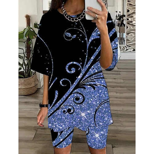 

Women's Loungewear Sets Nighty 2 Pieces Flower Comfort Sweet Home Daily Polyester Crew Neck Half Sleeve Spring Summer Green Blue
