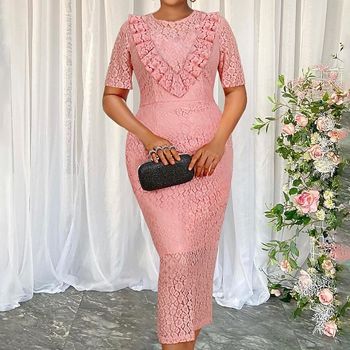 

Women's Bodycon Midi Dress White Pink Short Sleeve Solid Color Ruffle Spring Summer Crew Neck Elegant 2022 S M L XL XXL 3XL 4XL / Party Dress