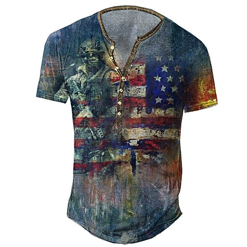 

Men's Henley Shirt Tee T shirt 3D Print Graphic National Flag Plus Size Henley Daily Sports Button-Down Print Short Sleeve Tops Basic Casual Classic Designer Blue
