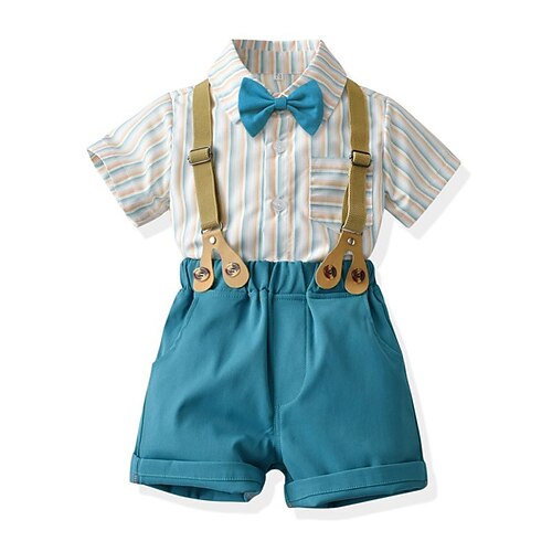 

Kids Boys Shirt Shorts Clothing Set 2 Pieces Short Sleeve Green Blue Black Stripe Bow Street Outdoor Casual Daily Regular 2-6 Years