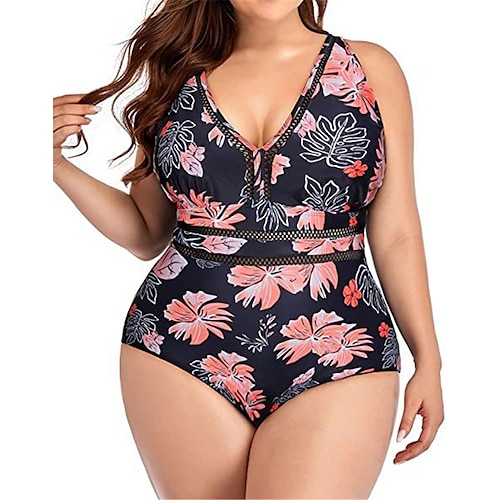 

Women's Swimwear One Piece Monokini Bathing Suits Plus Size Swimsuit Tummy Control Open Back Printing High Waisted Floral Black Rosy Pink V Wire Bathing Suits New Vacation Fashion / Modern