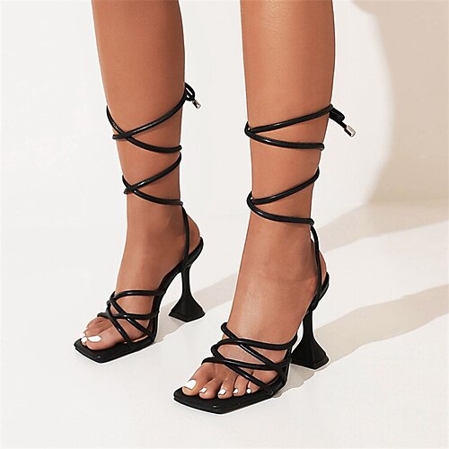 

Women's Sandals Daily Summer Flare Heel Peep Toe Minimalism PU Leather Lace-up Solid Colored Black White Green