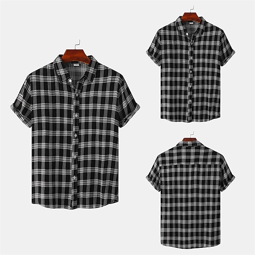 

Men's Shirt Striped Plaid Turndown Street Casual Button-Down Print Short Sleeve Tops Casual Fashion Streetwear Cool Black Yellow