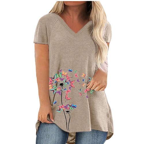 

Women's Plus Size Tops T shirt Floral Print Short Sleeve V Neck Streetwear Daily Going out Cotton Blend Spring Summer Green Black