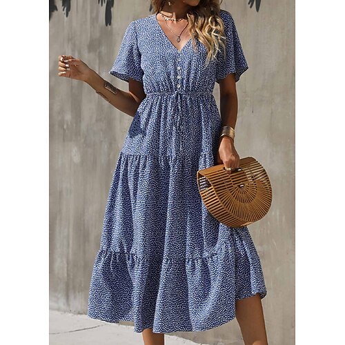

Women's A Line Dress Midi Dress Blue Short Sleeve Polka Dot Ruched Print Spring Summer V Neck Elegant Casual 2022 S M L XL XXL 3XL