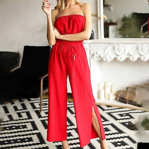 

Women's Jumpsuit Split Lace up Solid Color Strapless Holiday Party Street Wide Leg Regular Fit Sleeveless Green Black Red S M L Spring