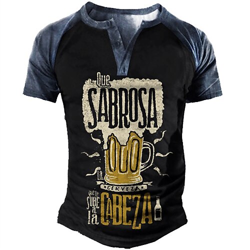 

Men's Henley Shirt T shirt 3D Print Graphic Beer Letter Henley Street Casual Button-Down Print Short Sleeve Tops Basic Fashion Classic Comfortable Black