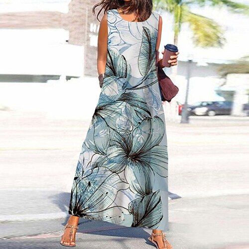 

Women's A Line Dress Maxi long Dress Green Sleeveless Floral Pocket Print Spring Summer Round Neck Stylish Casual Vacation 2022 S M L XL XXL 3XL
