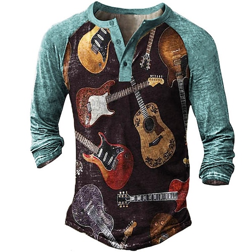 

Homme Chemise Henley Shirt T shirt Tee T-shirts drôles T-shirt raglan Graphic Bloc de couleur Guitare Henley Bleu 3D effet Plein Air Casual manche longue Bouton bas Imprimer Vêtement Tenue basique