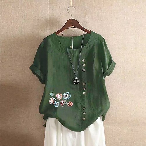 

Women's Plus Size Tops T shirt Tee Floral Button Print Short Sleeve Streetwear Daily Vacation Cotton Spring Summer Yellow Wine