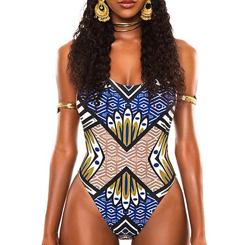 

Women's Swimwear One Piece Monokini Bathing Suits Normal Swimsuit Tummy Control Open Back Printing High Waisted Geometric Abstract Blue Yellow Rosy Pink Royal Blue Navy Blue Scoop Neck Bathing Suits
