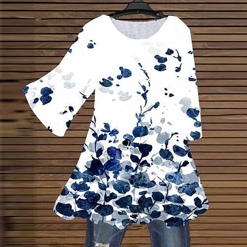 

Women's Plus Size Tops Blouse Shirt Floral Print 3/4 Length Sleeve Crewneck Streetwear Daily Holiday Cotton Spandex Jersey Fall Winter Blue
