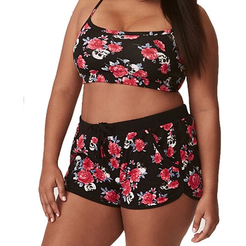 

Mujer Bañadores Bikini 2 piezas Talla Grande Traje de baño Espalda Abierta Estampado Cintura alta Floral Negro Camisola Con Tirantes Trajes de baño nuevo Vacaciones Moda / Sensual / Moderno