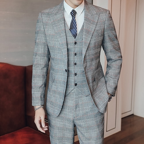 

Light Grey Men's Wedding Business / Ceremony / Wedding Suits 3 Piece Checkered Tailored Fit Single Breasted One-button 2022