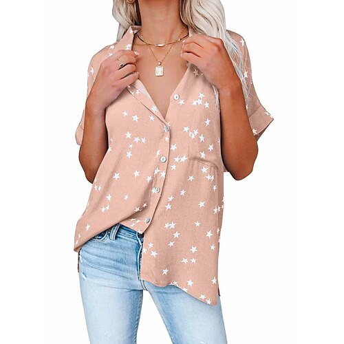 

amazon 2022 summer independent station european and american women's new star print v-neck breasted bat short-sleeved shirt