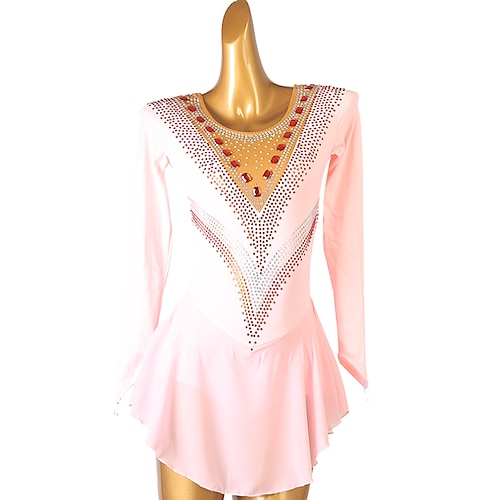 

Figure Skating Dress Women's Girls' Ice Skating Dress Pink Open Back Patchwork Spandex High Elasticity Training Practice Professional Skating Wear Classic Crystal / Rhinestone Long Sleeve Ice Skating