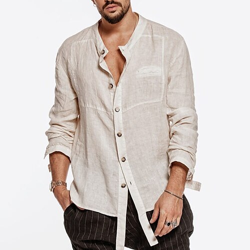 

Men's Shirt Solid Color Stand Collar Street Casual Button-Down Long Sleeve Tops Casual Fashion Breathable Comfortable White