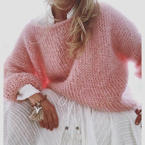 

Women's Pullover Sweater jumper Jumper Chunky Crochet Knit Knitted Pure Color Crew Neck Stylish Casual Outdoor Daily Spring Pink Khaki S M L / Long Sleeve / Holiday / Regular Fit / Going out