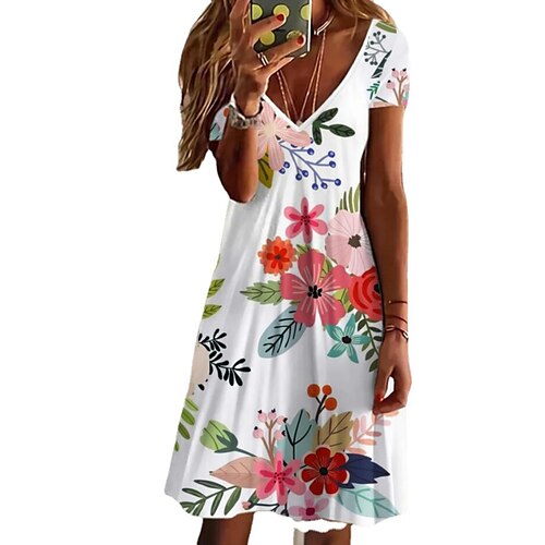 

Women's A Line Dress Short Mini Dress White Short Sleeve Floral Print Spring Summer V Neck Casual 2022 S M L XL XXL 3XL