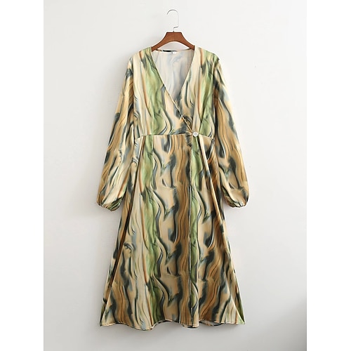 

Women's Casual Dress Maxi long Dress Green Long Sleeve Print Tie Dye Lace up Button Print Spring Summer V Neck Casual Vacation 2022 S M L