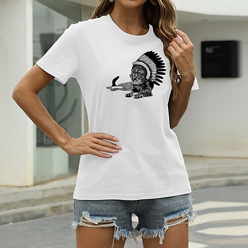 

Women's T shirt Cat Graphic Print Round Neck Basic Tops Green Blue White