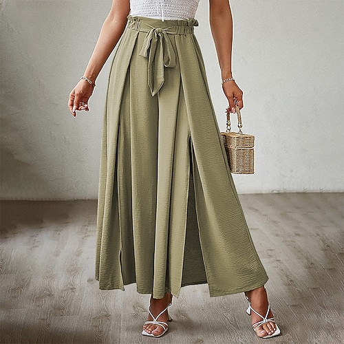 

Women's Culottes Wide Leg Pants Trousers Trousers Green Blue Red Mid Waist Casual Office Going out Work Wide Leg Split Micro-elastic Full Length Comfort Plain S M L XL XXL / Loose Fit