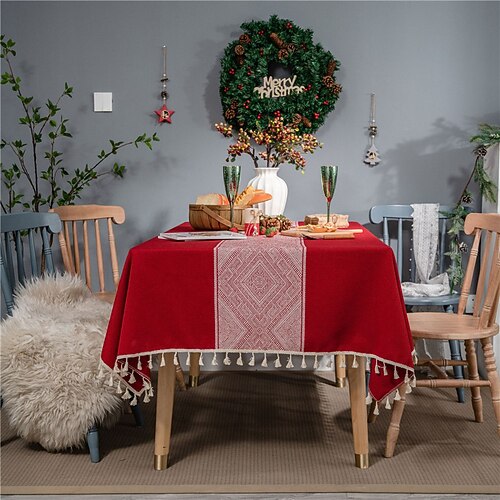 

Farmhouse Style Pastoral Tablecloth Red Table Cloth with Tassel,Washable Table Cover Dust-Proof Wrinkle Resistant for Restaurant, Picnic, Indoor and Outdoor Dining