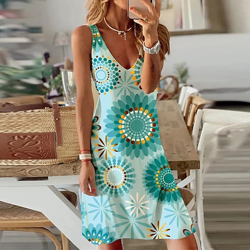 

Women's A Line Dress Short Mini Dress Blue Sleeveless Floral Print Spring Summer V Neck Casual Vacation Modern 2022 S M L XL XXL 3XL